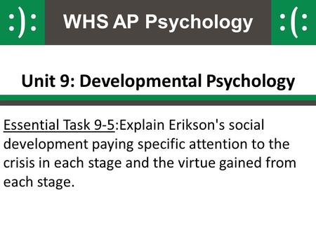 WHS AP Psychology Unit 9: Developmental Psychology Essential Task 9-5:Explain Erikson's social development paying specific attention to the crisis in each.