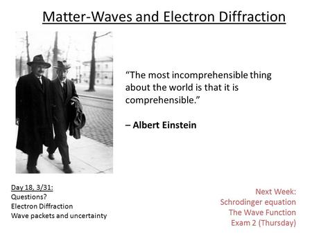 Matter-Waves and Electron Diffraction “The most incomprehensible thing about the world is that it is comprehensible.” – Albert Einstein Day 18, 3/31: Questions?