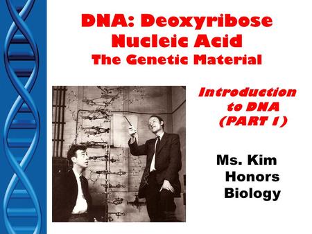 DNA: Deoxyribose Nucleic Acid The Genetic Material Introduction to DNA (PART 1) Ms. Kim Honors Biology.