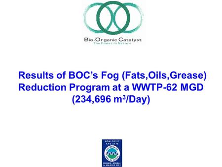 Results of BOC’s Fog (Fats,Oils,Grease) Reduction Program at a WWTP-62 MGD (234,696 m 3 /Day)
