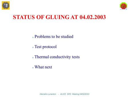 Marcello Lunardon - ALICE SPD Meeting 04/02/2003 Problems to be studied Test protocol Thermal conductivity tests What next STATUS OF GLUING AT 04.02.2003.