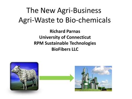 The New Agri-Business Agri-Waste to Bio-chemicals Richard Parnas University of Connecticut RPM Sustainable Technologies BioFibers LLC.