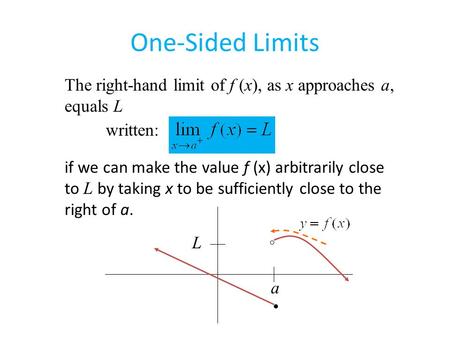 The right-hand limit of f (x), as x approaches a, equals L written: if we can make the value f (x) arbitrarily close to L by taking x to be sufficiently.