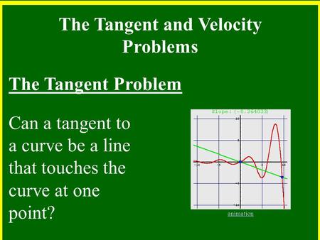 The Tangent and Velocity Problems The Tangent Problem Can a tangent to a curve be a line that touches the curve at one point? animation.
