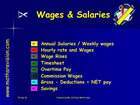 29-Apr-15Created by Mr. Lafferty Maths Dept. Wages & Salaries www.mathsrevision.com Annual Salaries / Weekly wages Hourly rate and Wages Wage Rises Commission.