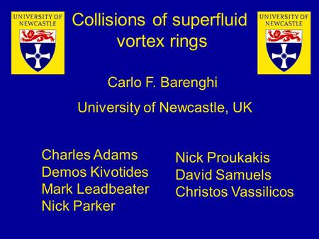 University of Newcastle, UK Collisions of superfluid vortex rings Carlo F. Barenghi Nick Proukakis David Samuels Christos Vassilicos Charles Adams Demos.