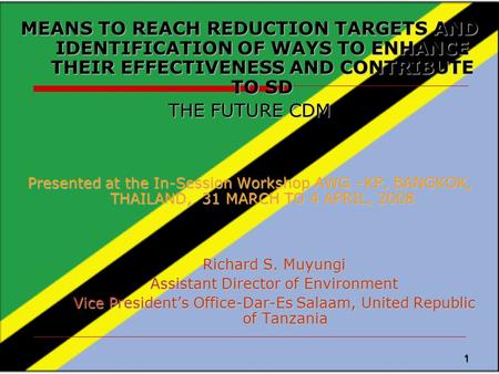 1 MEANS TO REACH REDUCTION TARGETS AND IDENTIFICATION OF WAYS TO ENHANCE THEIR EFFECTIVENESS AND CONTRIBUTE TO SD THE FUTURE CDM Presented at the In-Session.