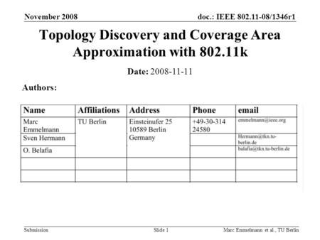 Doc.: IEEE 802.11-08/1346r1 Submission November 2008 Marc Emmelmann et al., TU BerlinSlide 1 Topology Discovery and Coverage Area Approximation with 802.11k.