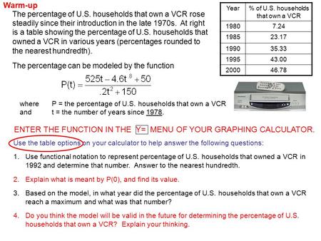 The percentage of U.S. households that own a VCR rose steadily since their introduction in the late 1970s. At right is a table showing the percentage of.