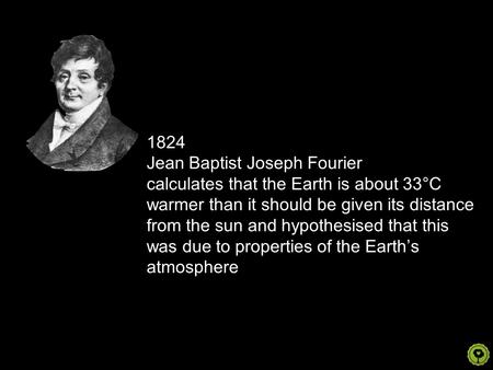 1824 Jean Baptist Joseph Fourier calculates that the Earth is about 33°C warmer than it should be given its distance from the sun and hypothesised that.