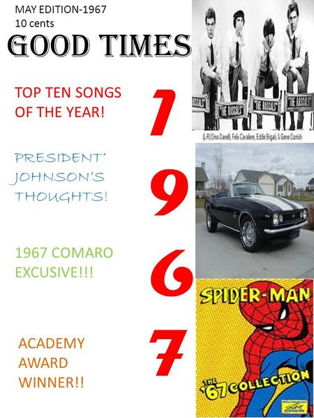 Good Times TOP TEN SONGS OF THE YEAR! PRESIDENT’ JOHNSON’S THOUGHTS! 1967 COMARO EXCUSIVE!!! 19671967 MAY EDITION-1967 10 cents ACADEMY AWARD WINNER!!