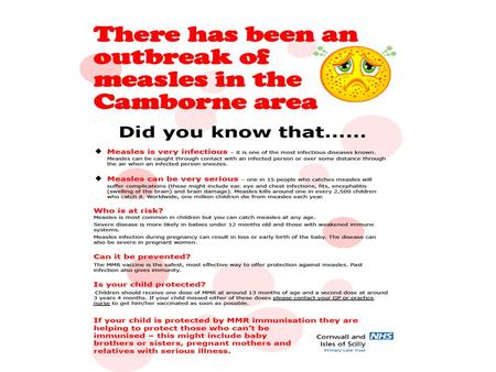 Measles 30-40 million cases a year worldwide 750,000 deaths (WHO 2002) – half in Africa Accounts for about half of all vaccine preventable deaths.