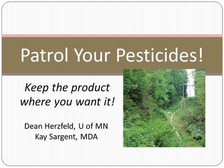Keep the product where you want it! Patrol Your Pesticides! Dean Herzfeld, U of MN Kay Sargent, MDA.