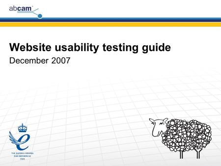 Website usability testing guide December 2007. Copyright © 2006 Abcam plc. www.abcam.com Aims Find problem areas on the website Find things that work.