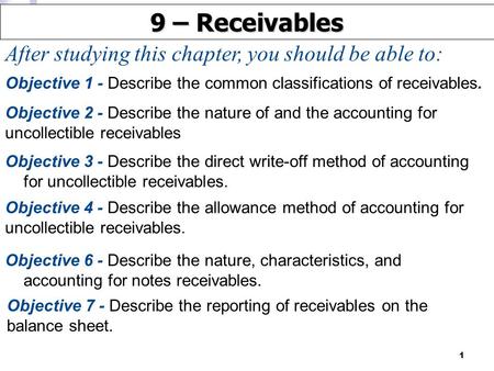 1 After studying this chapter, you should be able to: 9 – Receivables Objective 2 - Describe the nature of and the accounting for uncollectible receivables.
