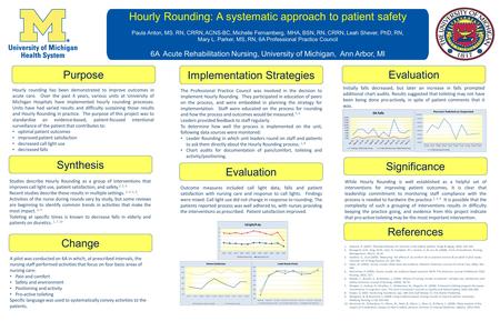 Hourly Rounding: A systematic approach to patient safety Paula Anton, MS. RN, CRRN, ACNS-BC, Michelle Fernamberg, MHA, BSN, RN, CRRN, Leah Shever, PhD,
