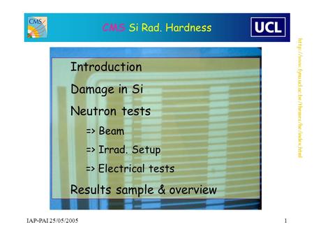 IAP-PAI 25/05/20051 CMS Si Rad. Hardness Introduction Damage in Si Neutron tests => Beam => Irrad. Setup.
