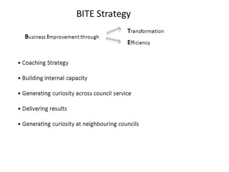 BITE Strategy B usiness I mprovement through T ransformation E fficiency Coaching Strategy Building internal capacity Generating curiosity across council.