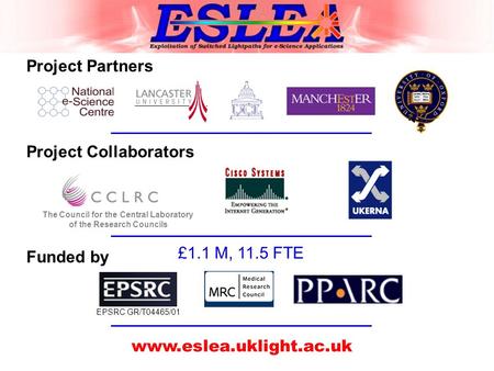 Project Partners Project Collaborators The Council for the Central Laboratory of the Research Councils Funded by EPSRC GR/T04465/01 www.eslea.uklight.ac.uk.