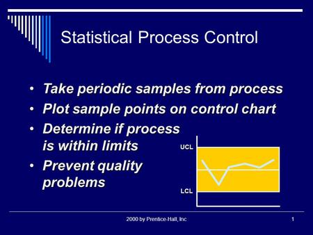 2000 by Prentice-Hall, Inc1 Statistical Process Control Take periodic samples from processTake periodic samples from process Plot sample points on control.