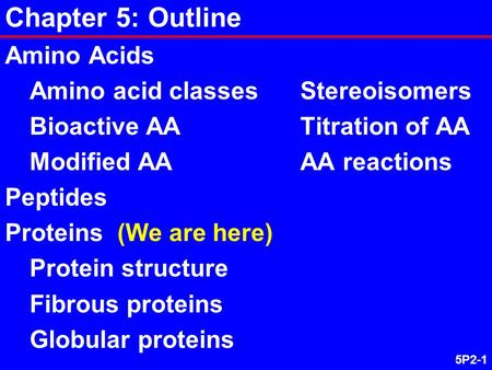 5P2-1 Chapter 5: Outline Amino Acids Amino acid classesStereoisomers Bioactive AATitration of AA Modified AAAA reactions Peptides Proteins (We are here)