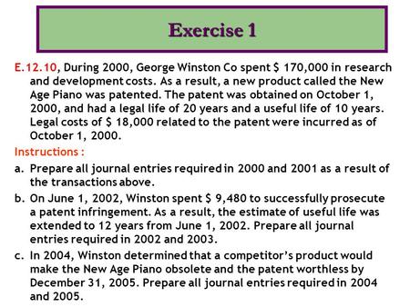 Exercise 1 E.12.10, During 2000, George Winston Co spent $ 170,000 in research and development costs. As a result, a new product called the New Age Piano.