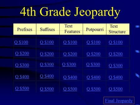 4th Grade Jeopardy PrefixesSuffixes Text Features Potpourri Text Structure Q $100 Q $200 Q $300 Q $400 Q $500 Q $100 Q $200 Q $300 Q $400 Q $500 Final.