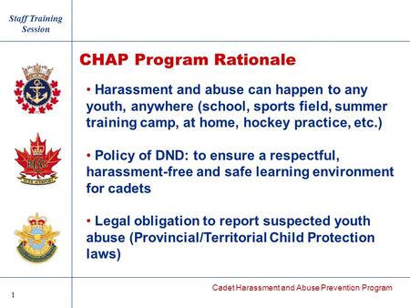 Cadet Harassment and Abuse Prevention Program Harassment and abuse can happen to any youth, anywhere (school, sports field, summer training camp, at home,
