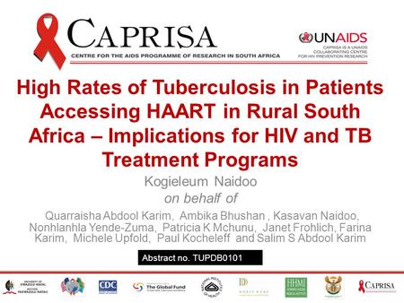 High Rates of Tuberculosis in Patients Accessing HAART in Rural South Africa – Implications for HIV and TB Treatment Programs Kogieleum Naidoo on behalf.