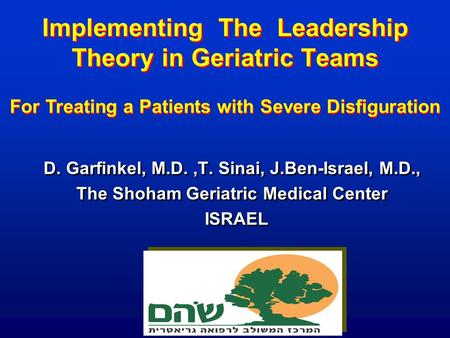 Implementing The Leadership Theory in Geriatric Teams D. Garfinkel, M.D.,T. Sinai, J.Ben-Israel, M.D., The Shoham Geriatric Medical Center ISRAEL D. Garfinkel,