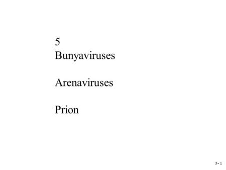5- 1 5 Bunyaviruses Arenaviruses Prion. 5-2 Bunyaviridae (C64, p651) There are at least 200 viruses in 5 genera. Most are arboviruses and few are rodent.