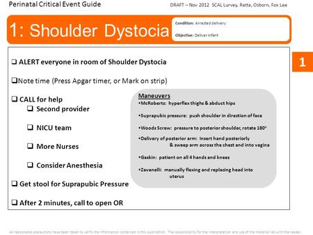 1: Shoulder Dystocia Condition: Arrested delivery Objective: Deliver infant Perinatal Critical Event Guide  ALERT everyone in room of Shoulder Dystocia.