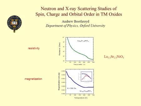 Neutron and X-ray Scattering Studies of Spin, Charge and Orbital Order in TM Oxides Andrew Boothroyd Department of Physics, Oxford University magnetization.