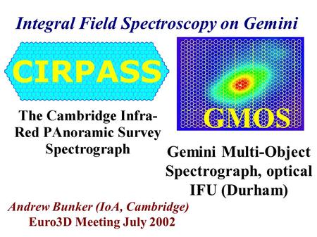 Integral Field Spectroscopy on Gemini Andrew Bunker (IoA, Cambridge) Euro3D Meeting July 2002 GMOS Gemini Multi-Object Spectrograph, optical IFU (Durham)