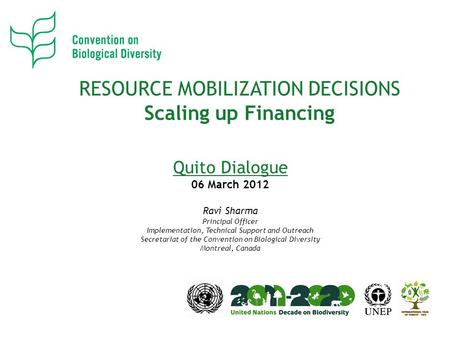 RESOURCE MOBILIZATION DECISIONS Scaling up Financing Quito Dialogue 06 March 2012 Ravi Sharma Principal Officer Implementation, Technical Support and Outreach.