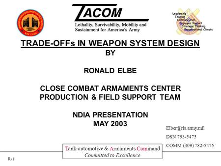 TACom Tank-automotive & Armaments Command Committed to Excellence TRADE-OFFs IN WEAPON SYSTEM DESIGN BY RONALD ELBE CLOSE COMBAT ARMAMENTS CENTER PRODUCTION.