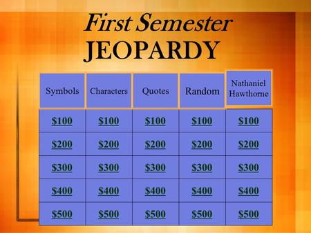 First Semester JEOPARDY $100 $200 $300 $400 $500 Symbols Characters Quotes Random Nathaniel Hawthorne.