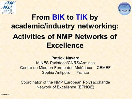 From BIK to TIK by academic/industry networking: Activities of NMP Networks of Excellence Patrick Navard MINES Paristech/CNRS/Armines Centre de Mise en.