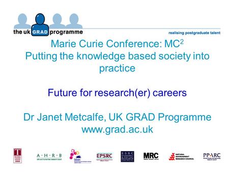 Marie Curie Conference: MC 2 Putting the knowledge based society into practice Future for research(er) careers Dr Janet Metcalfe, UK GRAD Programme www.grad.ac.uk.