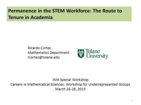 Permanence in the STEM Workforce: The Route to Tenure in Academia Ricardo Cortez Mathematics Department 1 IMA Special Workshop Careers.