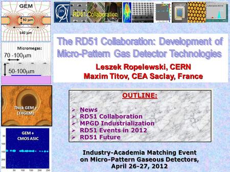 50  m 140  m Leszek Ropelewski, CERN Maxim Titov, CEA Saclay, France Micromegas: GEM + CMOS ASIC Thick GEM + (THGEM) OUTLINE:  News  RD51 Collaboration.