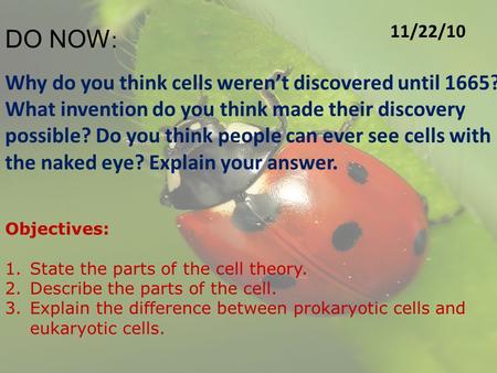 11/22/10 DO NOW: Why do you think cells weren’t discovered until 1665? What invention do you think made their discovery possible? Do you think people can.