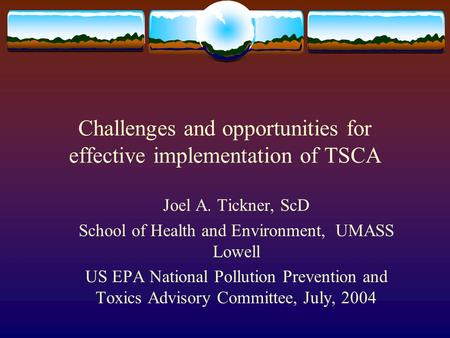 Challenges and opportunities for effective implementation of TSCA Joel A. Tickner, ScD School of Health and Environment, UMASS Lowell US EPA National Pollution.