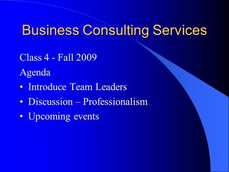Business Consulting Services Class 4 - Fall 2009 Agenda Introduce Team Leaders Discussion – Professionalism Upcoming events.