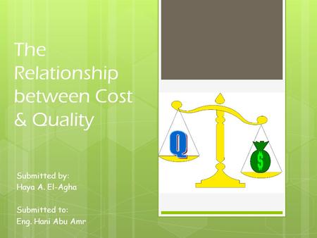 The Relationship between Cost & Quality Submitted by: Haya A. El-Agha Submitted to: Eng. Hani Abu Amr.