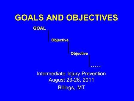 GOALS AND OBJECTIVES Intermediate Injury Prevention August 23-26, 2011 Billings, MT GOAL Objective.....