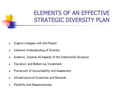 ELEMENTS OF AN EFFECTIVE STRATEGIC DIVERSITY PLAN Organic Linkages with the Mission Coherent Understanding of Diversity Systemic, Impacts All Aspects of.