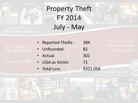 Property Theft FY 2014 July - May Reported Thefts Unfounded Actual UGA as Victim Total Loss 384 82 302 71 $321,058.