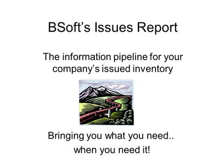 BSoft’s Issues Report The information pipeline for your company’s issued inventory Bringing you what you need.. when you need it!