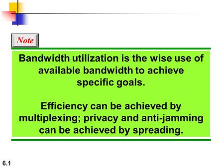 Note Bandwidth utilization is the wise use of available bandwidth to achieve specific goals. Efficiency can be achieved by multiplexing; privacy and.